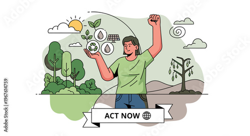 Illustration of a determined young man holding a plant and raising his fist in a call to action for environmental conservation on a white background with a banner.