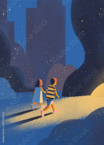 Safety and childhood adventure; two children walking together through a city park at night under a glowing light for community and protection.