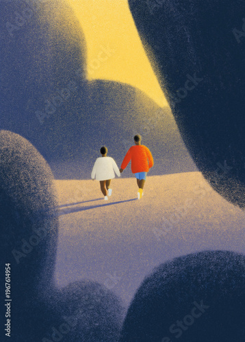 Guidance and parenting journey; parent and child walking hand-in-hand through a sunlit landscape for family, growth, and support themes.