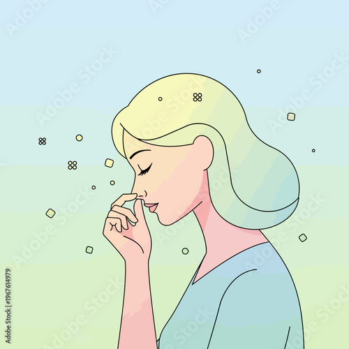 Woman experiencing allergy symptoms, touching her nose, with pollen particles in the air.