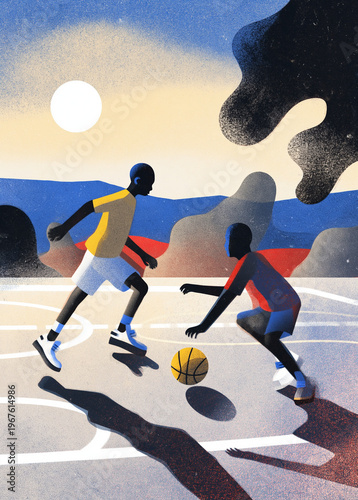 Competitive street basketball action; two players facing off on an urban court at dusk, high-energy illustration for sports and lifestyle.