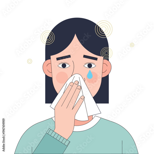 Woman with runny nose and teary eyes.