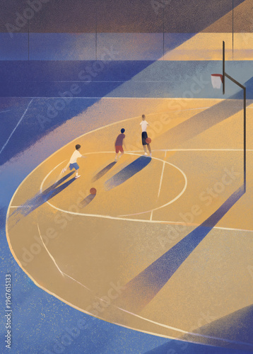 Youth sports and teamwork; children playing basketball on a court at sunset with long shadows, perfect for athletic and hobby themes.