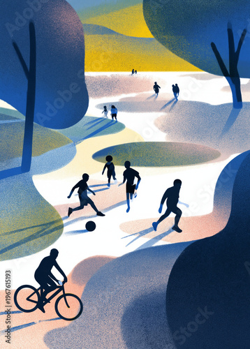 Active childhood and outdoor play; kids playing soccer and riding bike in a sunlit park illustration for community and health themes.