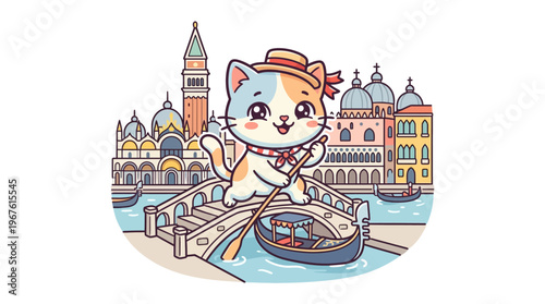 Cute Cat Gondolier in Venice with a Gondola