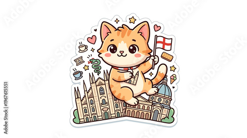Cute Cartoon Cat with Italian Landmarks and Flag