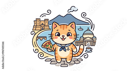 Cute Cat Enjoying Pizza in Naples Italy