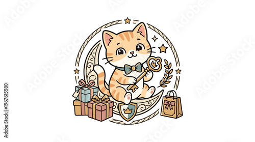 Cute Cat Holding Golden Key with Gifts and Shopping Bag
