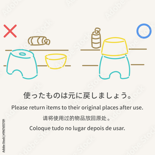 入浴マナー 使ったものは元に戻す 多言語案内イラスト 温泉 銭湯 Bathhouse Etiquette Return items to original places multilingual illustration Onsen Sento rules