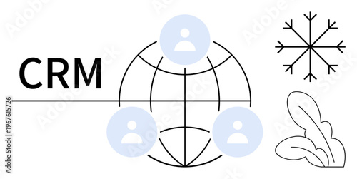 Customer management, global communication, business strategy, networking systems, corporate development, technology solutions. Globe with user icons surrounded by abstract shapes. Customer management