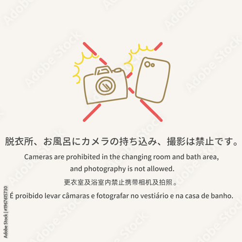 脱衣所・お風呂での撮影禁止 多言語案内 温泉 銭湯 Cameras prohibited in the changing room and bath area multilingual warning