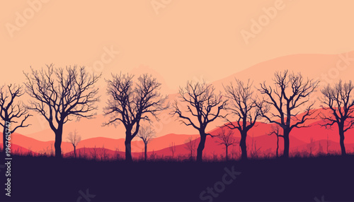 An orange and purple gradient background with bare trees on a grassy area in front of distant hills