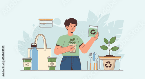 A cartoon man holding a recycling symbol and a plant pot surrounded by eco-friendly items on a table with a light blue background.