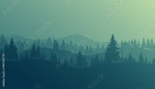 A breathtaking landscape of a mountain with a lot of trees under the morning fog