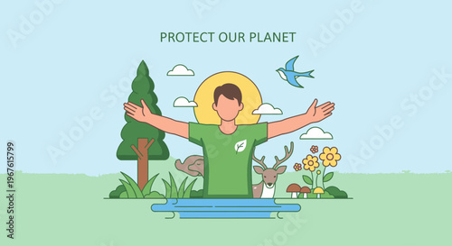 Illustration of a man with outstretched arms standing in a lush green landscape with trees, flowers, and animals, conveying an eco-friendly message.