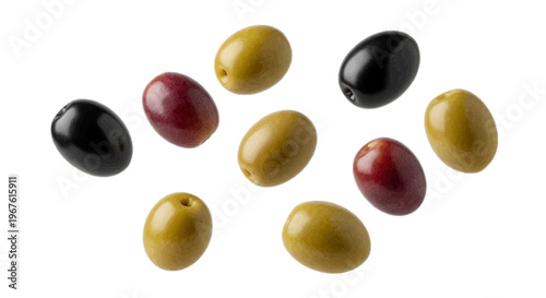 Assorted fresh olives of different colors on a transparent background