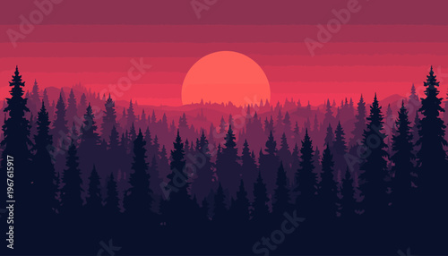 A stunning sunset over a silhouette of a forest with vibrant colors. The trees are a deep, contrasting shade against the warm tones of the sky