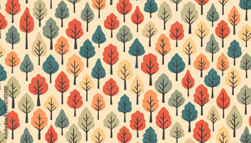 Vibrant autumn leaves pattern, a captivating forest illustration. This design uses autumnal colors and repetitive layout