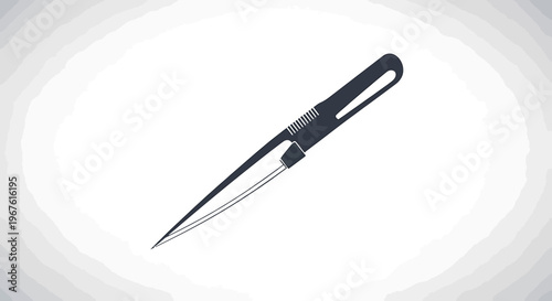 Close-up of a sharp, pointed scalpel with a black handle, isolated on a white background
