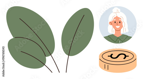 Eco-consciousness, financial sustainability, green economy, nature conservation, ethical investing, community welfare. Features large green leaves, a smiling woman, and a coin with a dollar sign