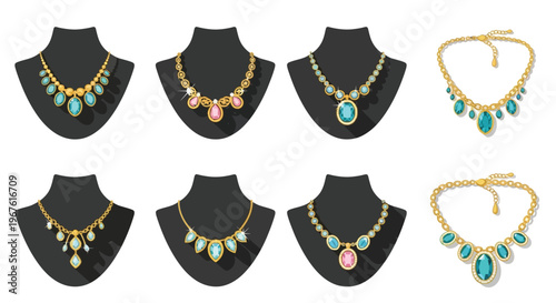 Collection of ornate gold and gemstone necklaces displayed on velvet busts