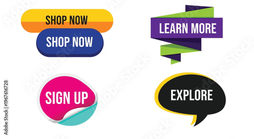 Colorful call to action buttons with shop now learn more and sign up