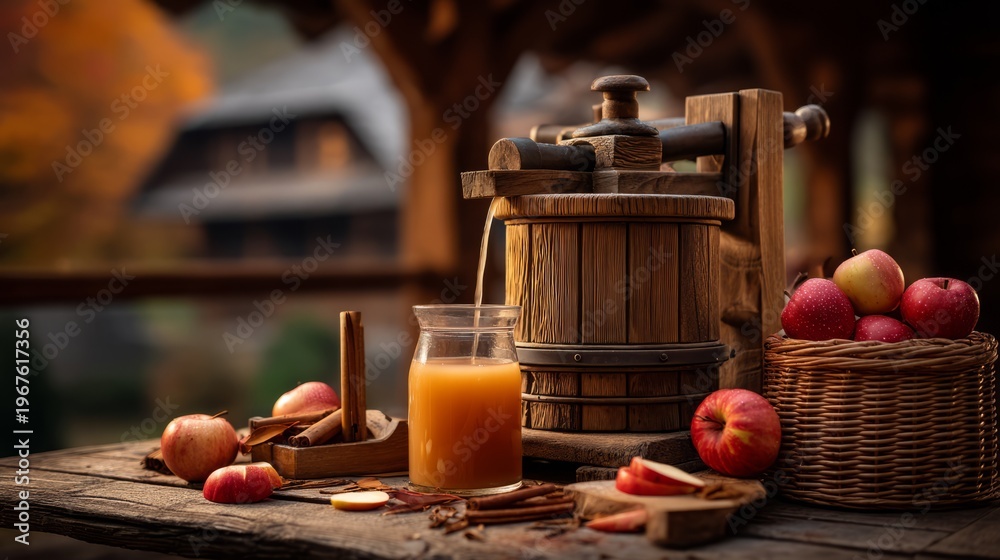 Obraz premium Rustic Wooden Cider Press and Fresh Apples in Autumn Setting
