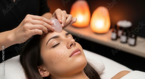 Woman Receives Rose Quartz Facial Massage at Spa