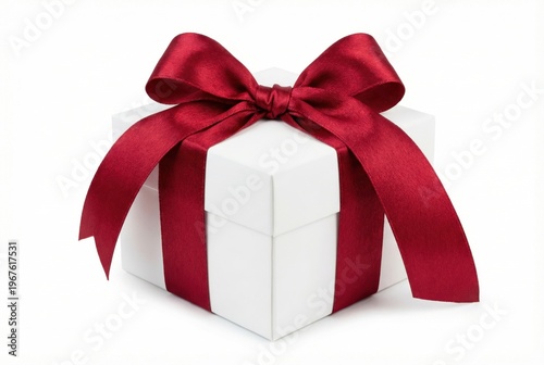 Caixa de presente branca elegante com laço de fita de cetim vermelho isolada no fundo branco. Conceito de Natal, feriado e celebração