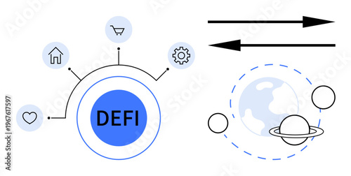 Decentralized finance, blockchain innovation, digital assets, global finance, technology, cryptocurrency. Circular diagram with icons and planetary . Decentralized finance and blockchain innovation