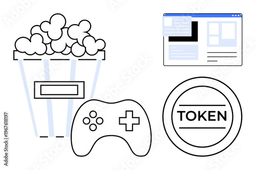 Entertainment, gaming, digital media, cryptocurrency, online platforms, movie nights. Iconic elements including popcorn, game controller token and webpage layout. Entertainment and gaming visual