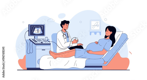Doctor performs ultrasound on pregnant woman, showing baby on screen, medical examination