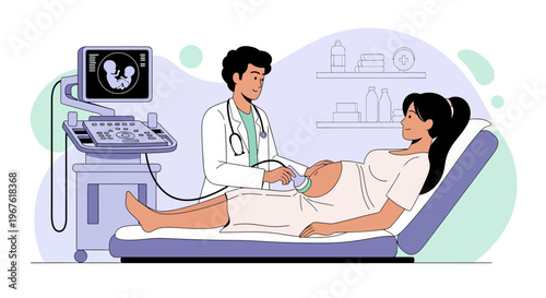 Doctor performs ultrasound on pregnant woman, showing baby on screen