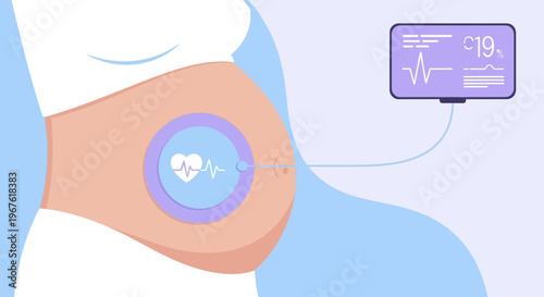 Fetal Monitoring: Pregnant Belly with Heartbeat Monitor and Display Screen