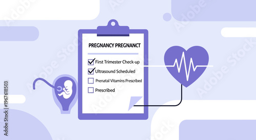 Pregnancy checklist on clipboard with ultrasound, heart monitor and fetus icon
