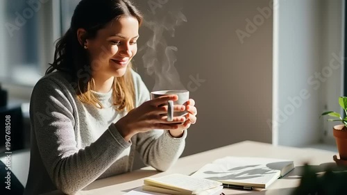Woman sitting at desk with cup.