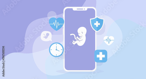 Pregnancy Health App: Fetus Icon on Smartphone Screen with Medical Icons