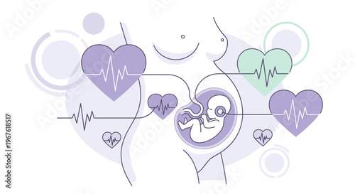 Pregnancy health monitoring: Fetus heartbeat, ECG lines, and maternal care concept