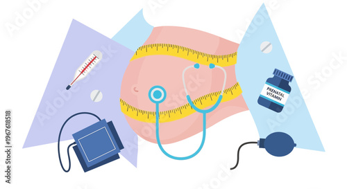 Pregnancy healthcare concept: belly with measuring tape, stethoscope, thermometer, blood pressure monitor, vitamins