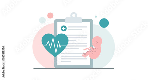 Pregnancy medical record with heartbeat and fetus illustration