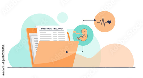 Pregnancy Record Folder with Fetus and Heartbeat Icons - Medical Health Concept