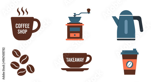 Modern Coffee Shop Icon Vector Set – Cup, Grinder, Kettle and Takeaway Coffee Flat Design Illustration