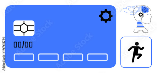 Digital identity, AI innovation, biometric security, fitness tracking, health monitoring, fintech solutions. A blue card with a chip, a head silhouette with gears and a running icon. Digital