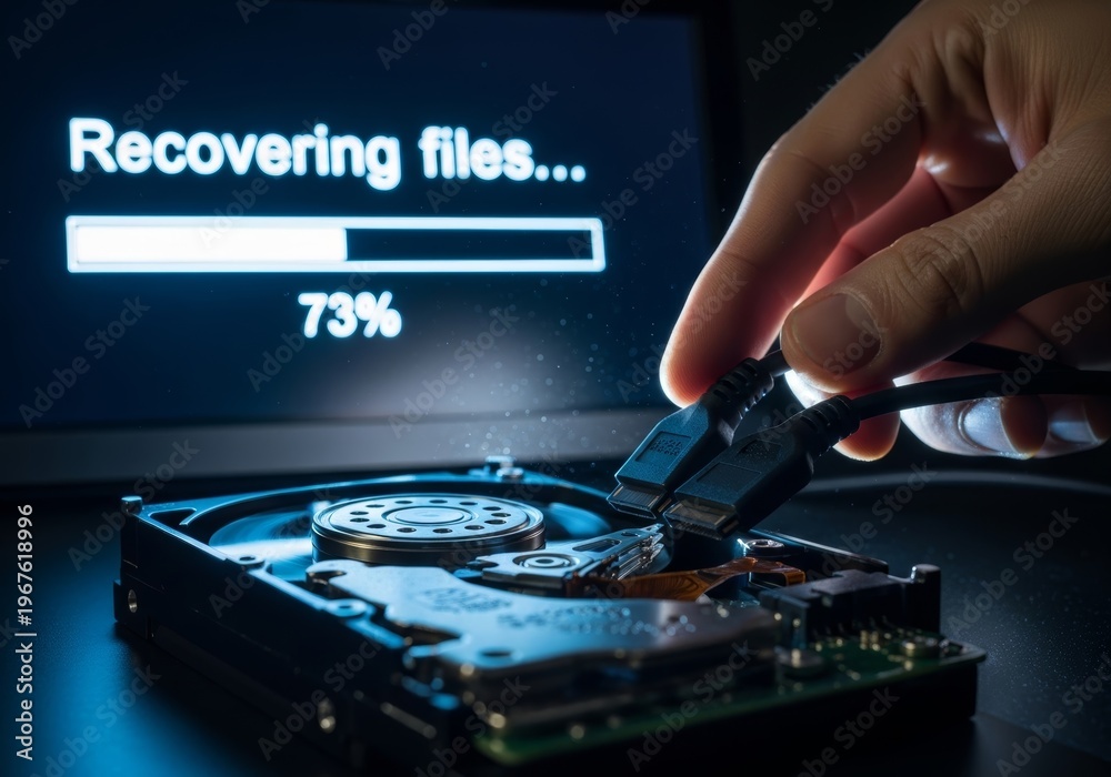 Obraz premium Hand connecting cable to hard drive for data recovery. Computer specialist fixing broken hardware. Concept of information cybersecurity, cloud storage, system repair and digital backup.