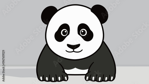 Cute panda sits and looks at the viewer in a simple gray background