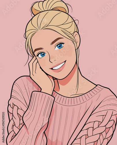 Woman smiles with hand on face in pink sweater against a pink background during a casual moment indoors