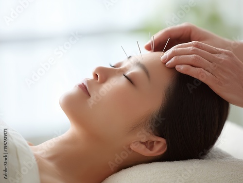 美容鍼の施術をリラックスした表情で受ける若い女性と優しく頭に手を添える施術者