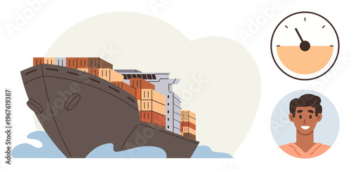 Global trade, logistics, shipping efficiency, transportation services, business growth, and maritime operations. Cargo ship with containers, smiling person and speedometer. Global trade