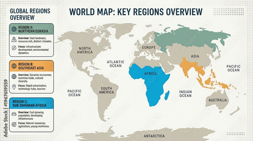 Naklejka premium Global overview of key world regions and their economic drivers on a world map.