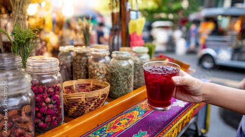 Refreshing Iced Hibiscus Tea Served by Vendor at Street Market Stall